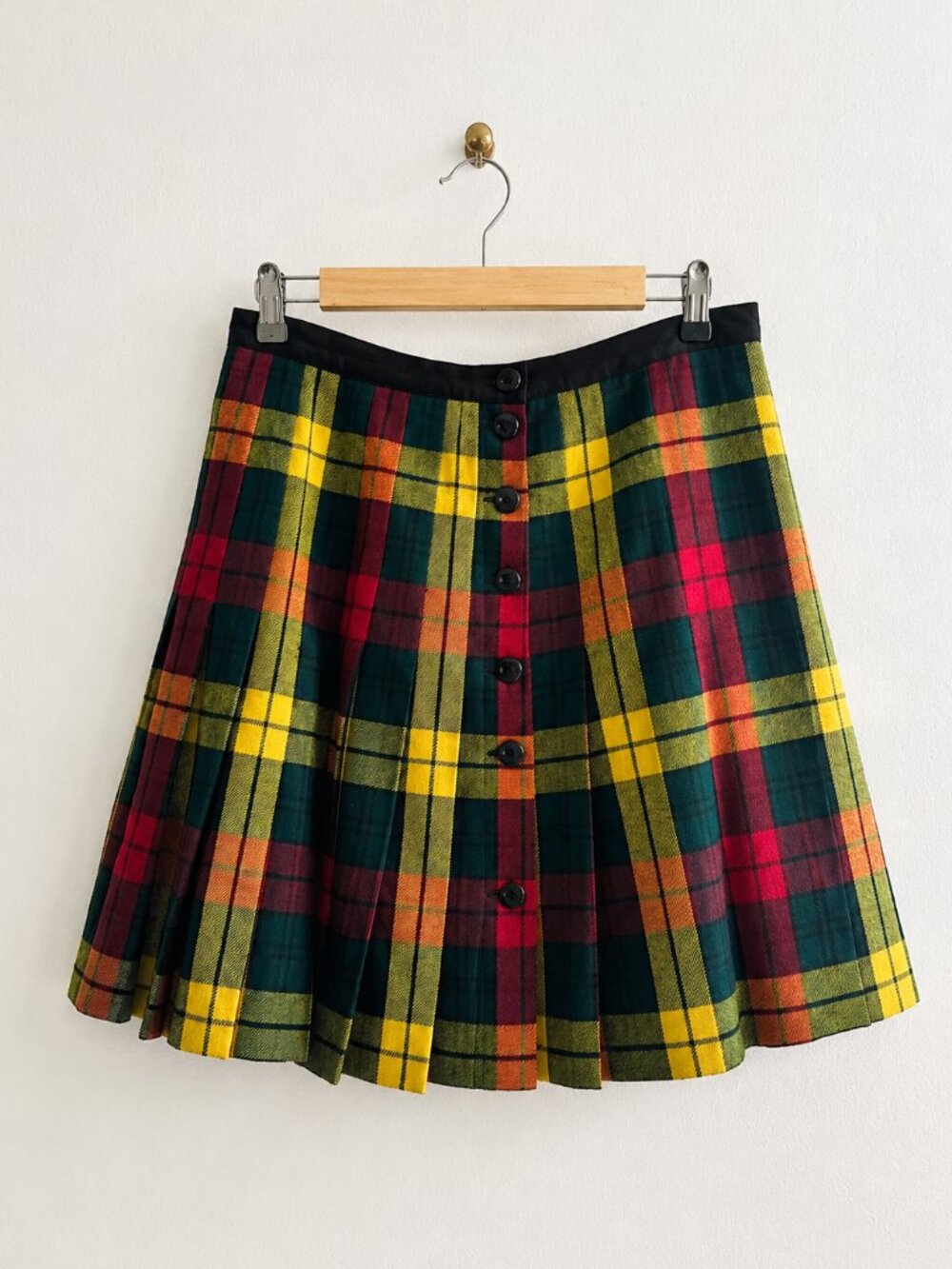 Vintage‎ Escada Tartan Buchanan Plaid Button Down Wool School Girl Skirt
